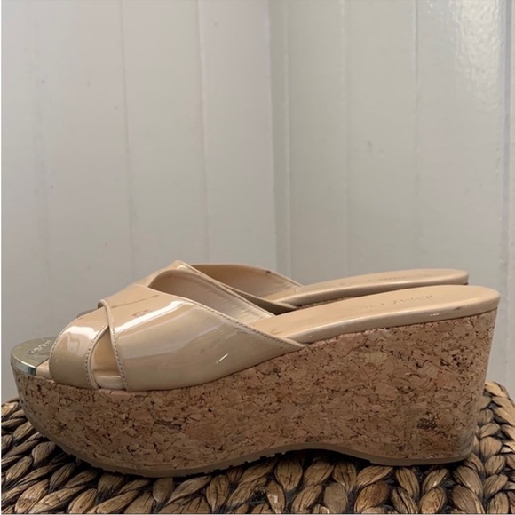 Jimmy Choo Prima Patent Leather Cork Wedge Sandal in Nude - Picture 10 of 15